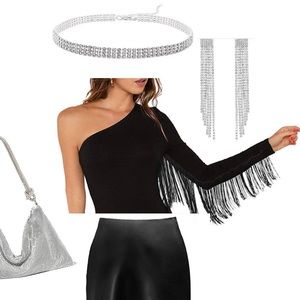 One Shoulder Black Top with Fringe